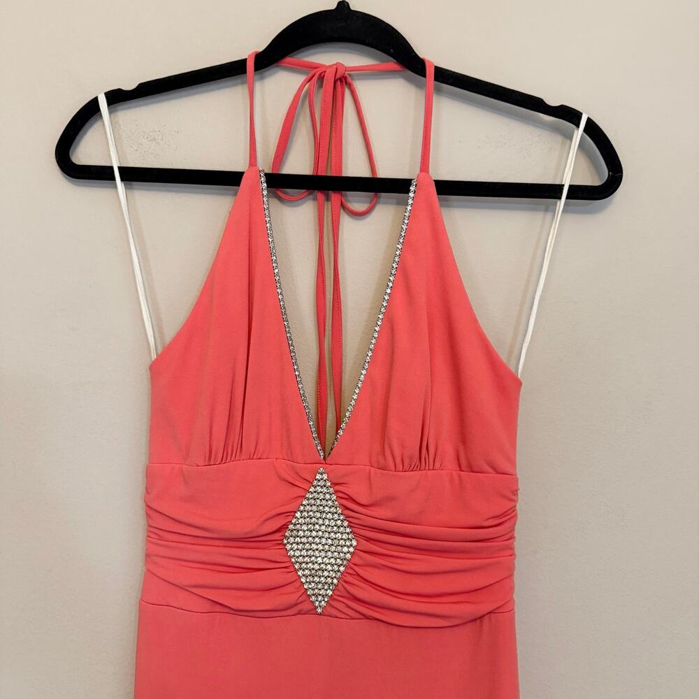 Bari Jay Halter Gown s Coral Pink Rhinestone Prom Cocktail Evening Elegant Party - Picture 3 of 9
